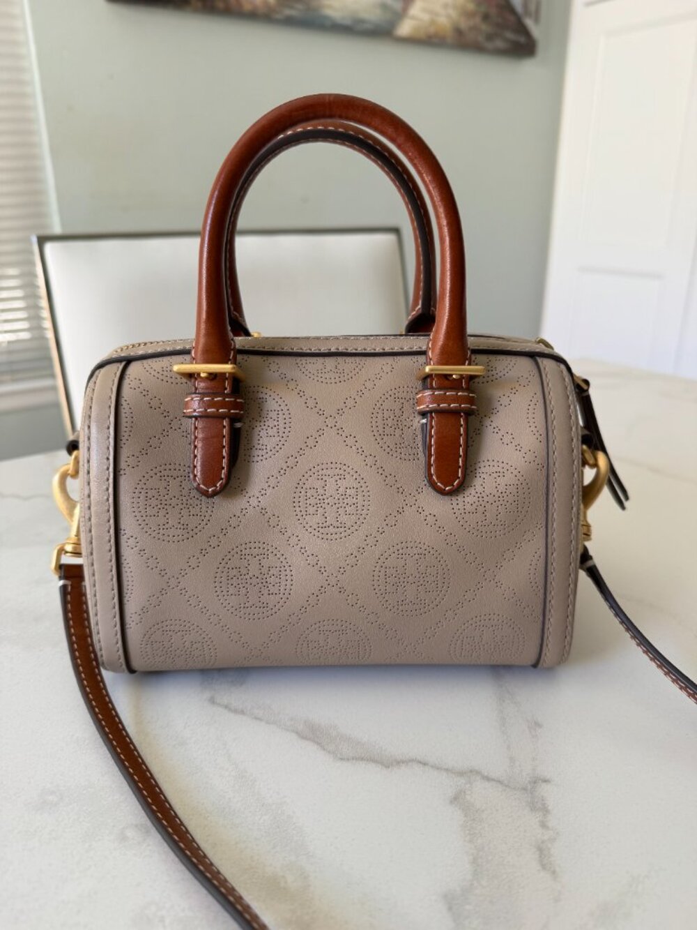 Tory Burch Perforated T-Monogram Mini Barrel Bag in Taupe / Cognac - Picture 9 of 9